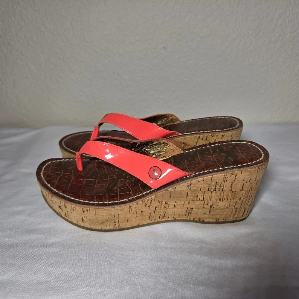 Sam Edelman Women Coral Pink Patent Cork Wedge Platform Sandals S1654 Size 6.5M